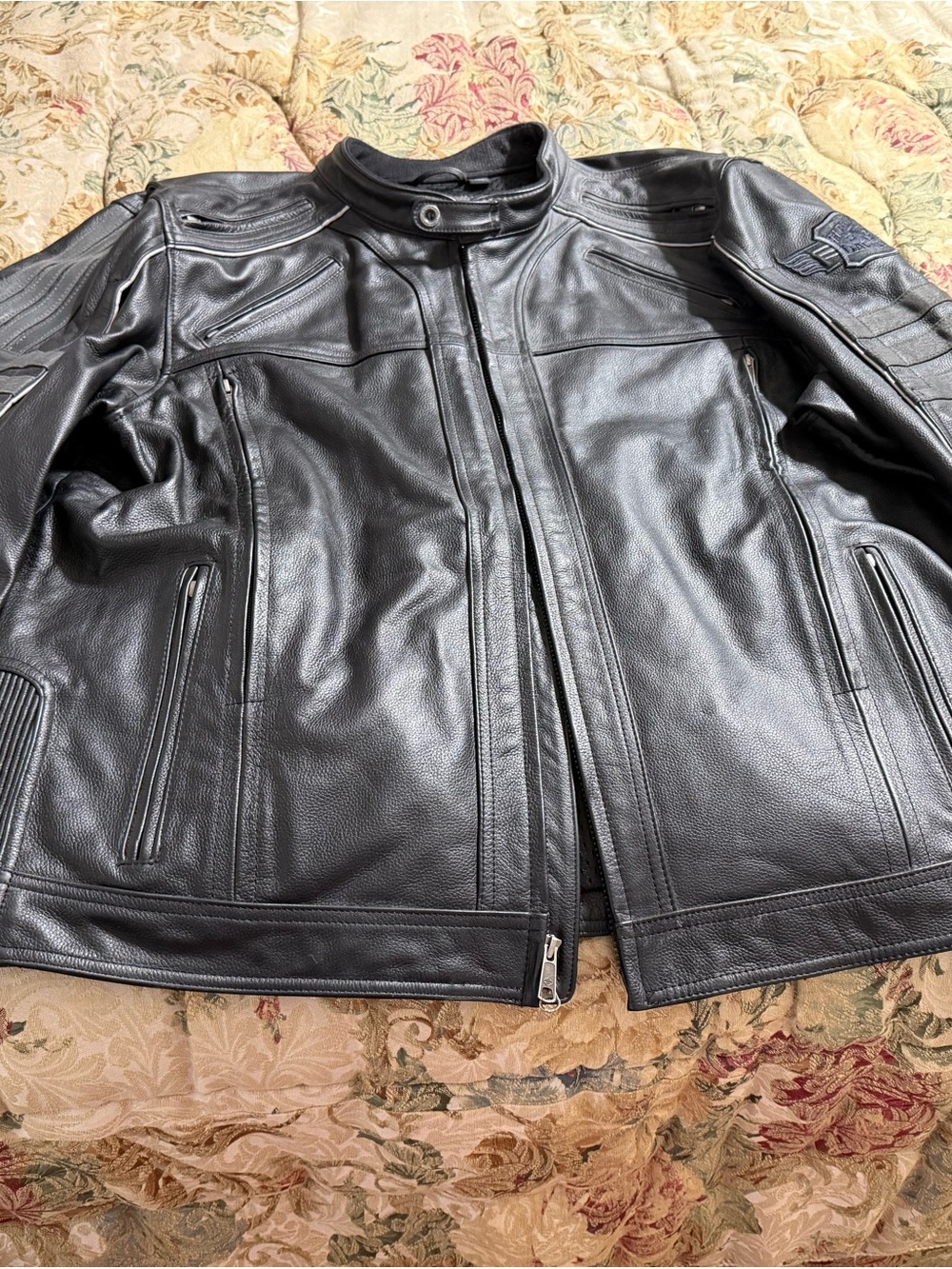 Mens Black Leather Jacket - Classic Zip Front - Harley Davidson Motorcycle